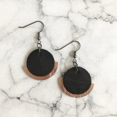 Black and Gold Leather Geometric Semi Circle Earrings