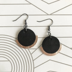 Black and Gold Leather Geometric Semi Circle Earrings