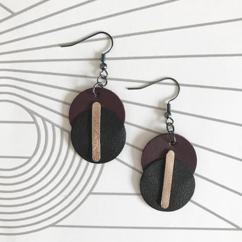 Maroon Black and Gold Contemporary Geometric Circle Drop Earrings