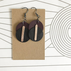 Maroon Black and Gold Contemporary Geometric Circle Drop Earrings