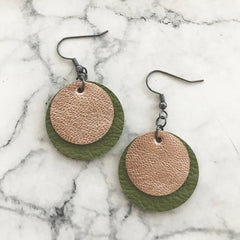 Olive Green and Gold Leather Circle Earrings