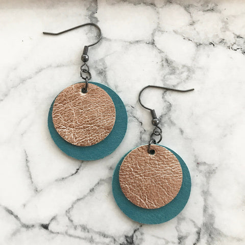 Turquoise Leather Disc Earrings