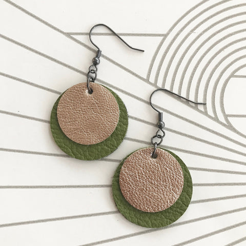 Olive Green and Gold Leather Circle Earrings