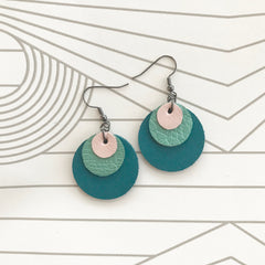 Pink and Green Leather Circle Earrings