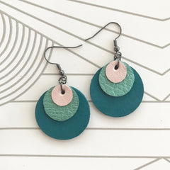 Pink and Green Leather Circle Earrings