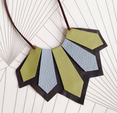 Hand cut contemporary geometric leather necklace Art Deco style