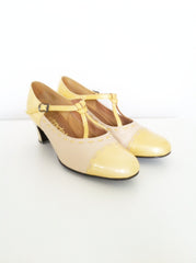 Yellow and cream t-bar shoes